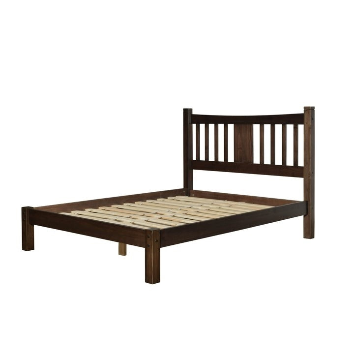 Queen size Solid Pine Wood Platform Bed with Headboard in Espresso-0
