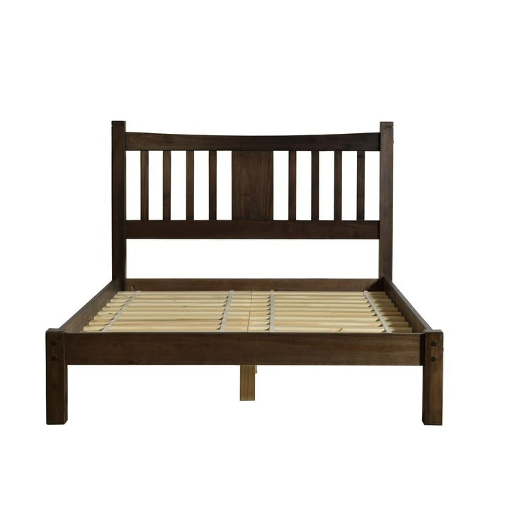Queen size Solid Pine Wood Platform Bed with Headboard in Espresso-1