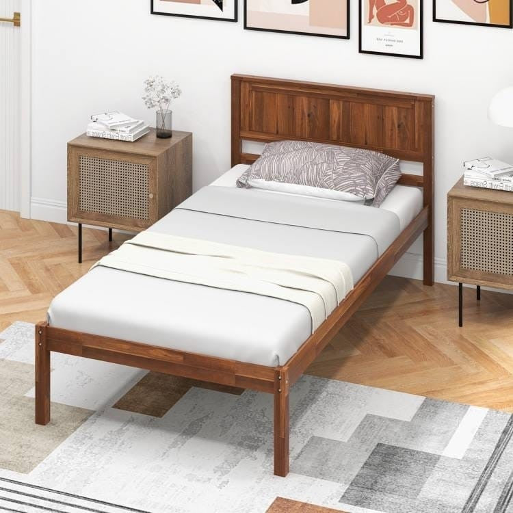 Twin Size Retro Wood Platform Bed Frame with Headboard in Walnut-0