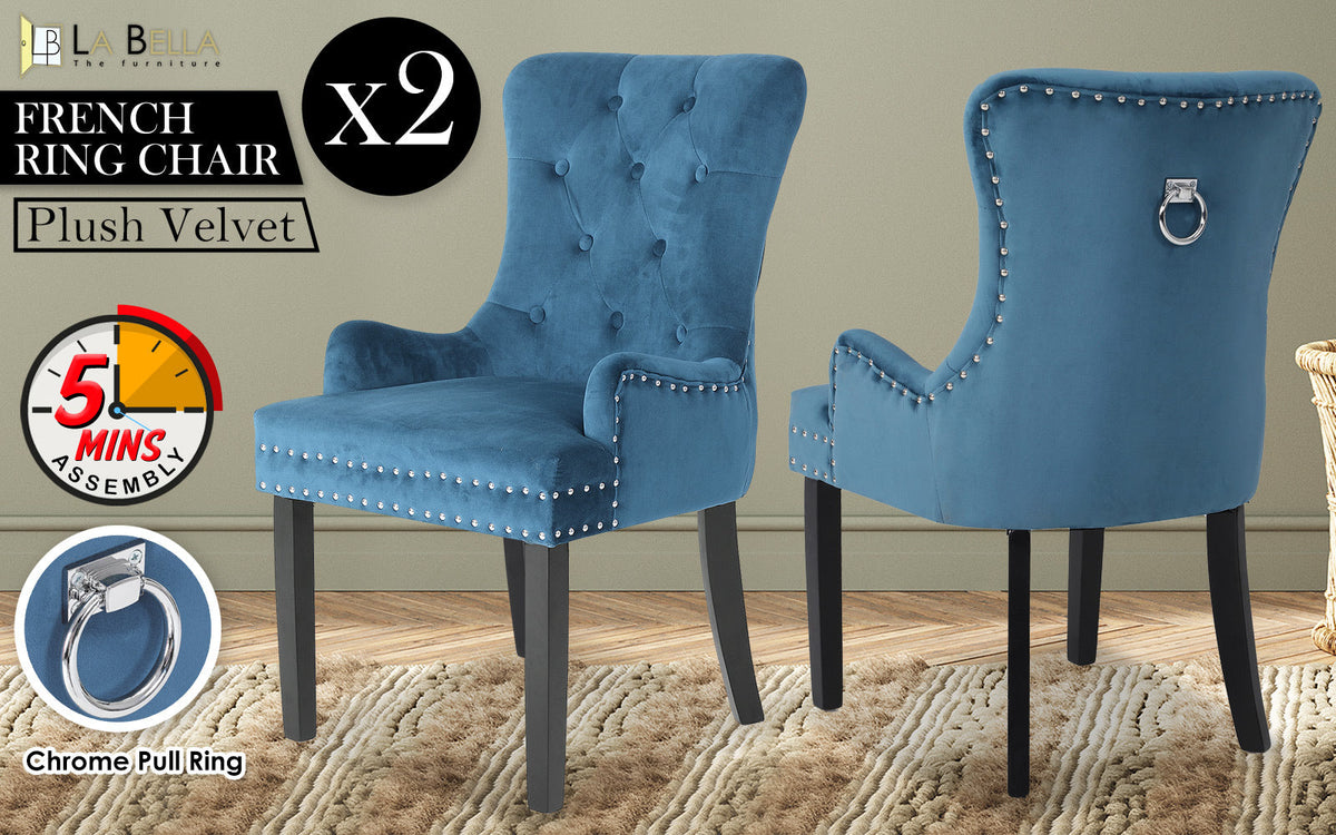 NNEDSZ 2X French Provincial Dining Chair Ring Studded Velvet Rubberwood Leg LISSE NAVY BLUE-1
