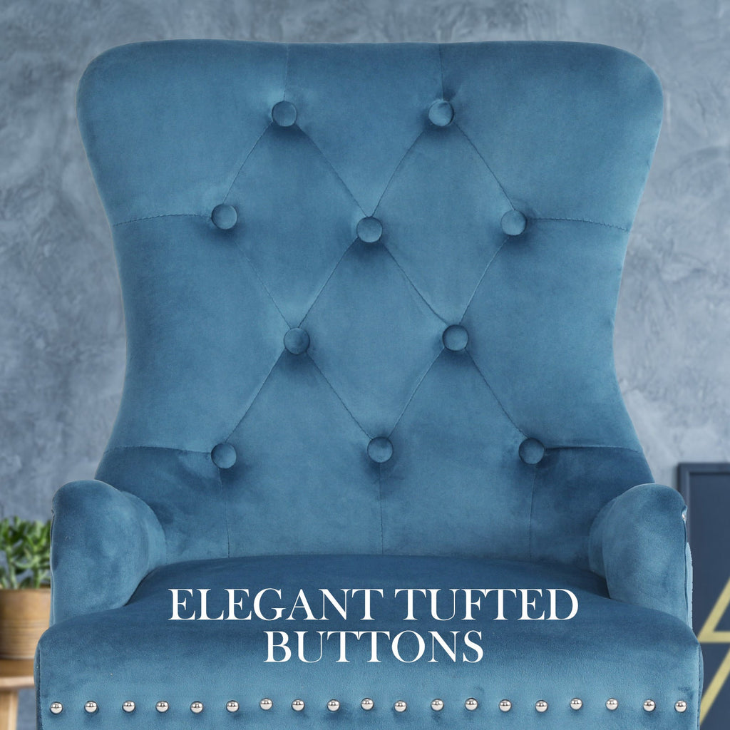 NNEDSZ 2X French Provincial Dining Chair Ring Studded Velvet Rubberwood Leg LISSE NAVY BLUE-3
